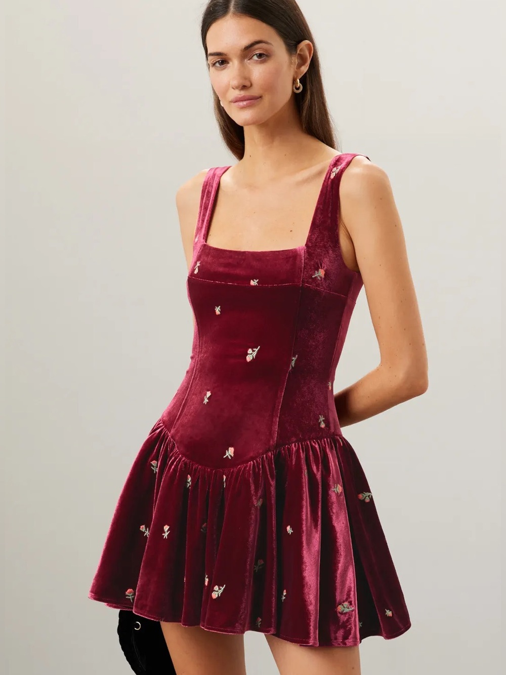 WeWoreWhat Embroidered Corset Peplum Burgundy Velvet Mini Dress Size 0 NWT